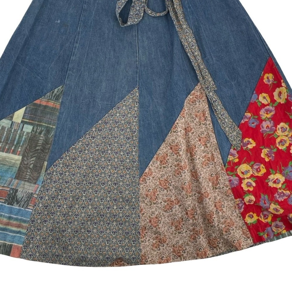 1970 Born Free Women's Skirt Patchwork Blue Denim Vintage Small - Picture 3 of 8